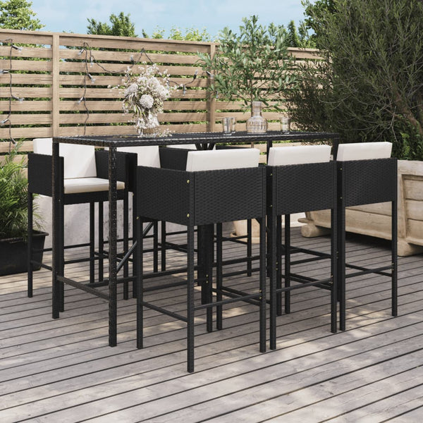 7 Piece Garden Bar Set With Cushions Black Poly Rattan Patio Furniture Sets