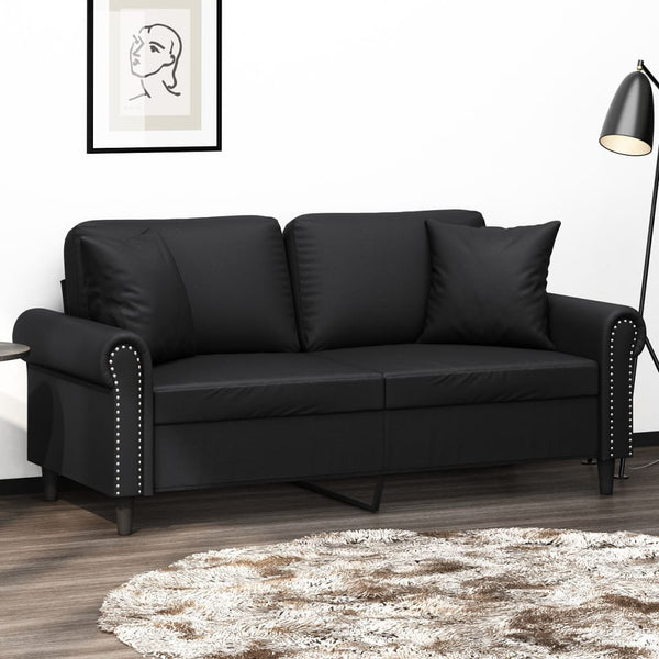 2 Seater Sofa With Throw Pillows Black 140 Cm Faux Leather Sofas Armchairs & Couches