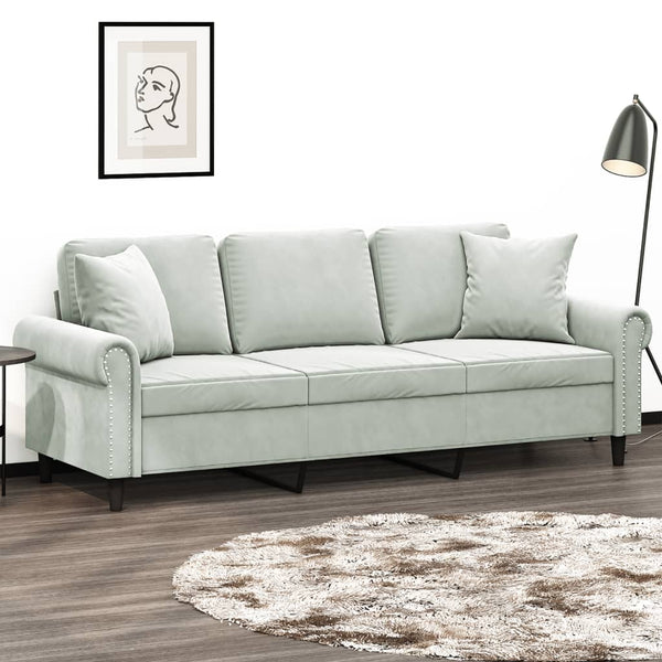 3 Seater Sofa With Throw Pillows Light Grey 180 Cm Velvet Sofas Armchairs & Couches