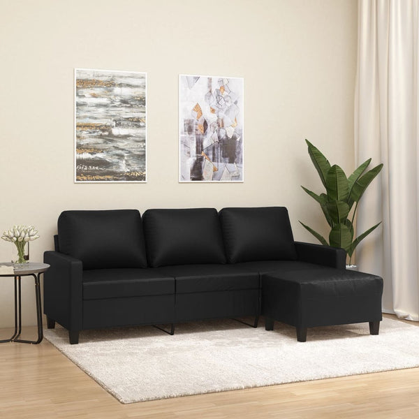 3 Seater Sofa With Footstool Black 180 Cm Faux Leather Sofas Armchairs & Couches