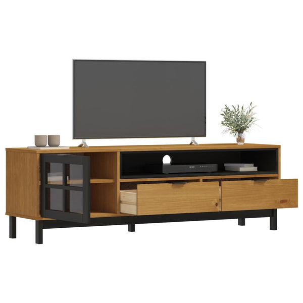 Tv Cabinet With Glass Door Flam 158X40x50 Cm Solid Wood Pine Tv Stands & Entertainment Units