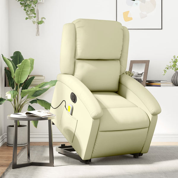 Electric Stand Up Massage Recliner Chair Cream Real Leather Electric Massage Chairs