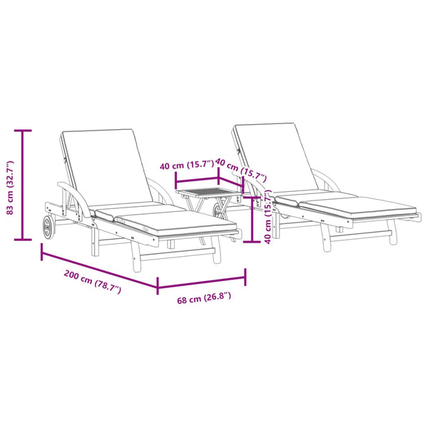 Vidaxl Sun 2 Pcs With Table Solid Wood Acacia Loungers