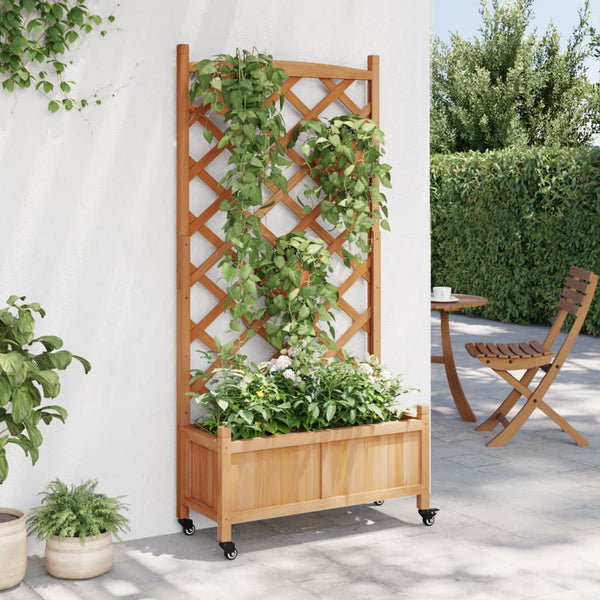 Vidaxl Planter With Trellis And Wheels Brown Solid Wood Fir Baskets Pots Window Boxes