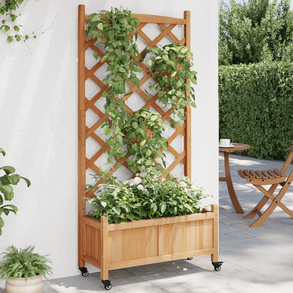 Vidaxl Planter With Trellis And Wheels Brown Solid Wood Fir Baskets Pots Window Boxes