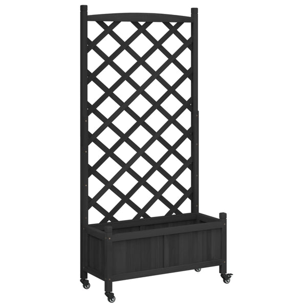 Vidaxl Planter With Trellis And Wheels Black Solid Wood Fir Baskets Pots Window Boxes