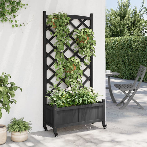 Vidaxl Planter With Trellis And Wheels Black Solid Wood Fir Baskets Pots Window Boxes