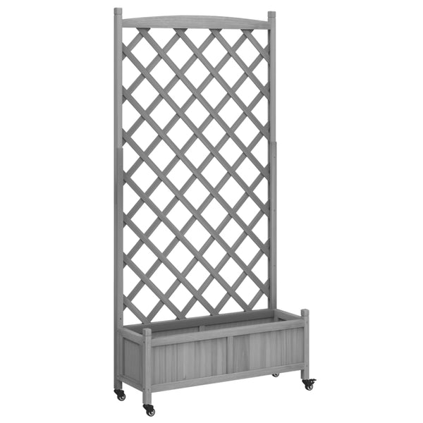 Vidaxl Planter With Trellis And Wheels Grey Solid Wood Fir Baskets Pots Window Boxes