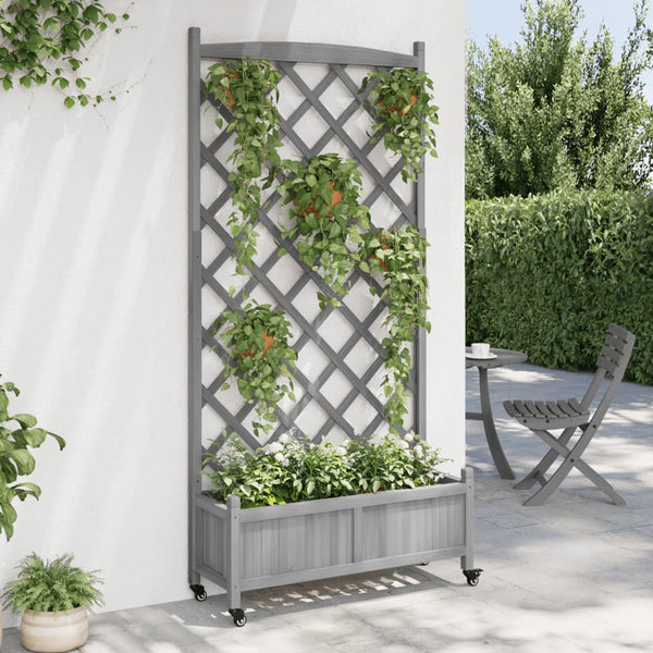 Vidaxl Planter With Trellis And Wheels Grey Solid Wood Fir Baskets Pots Window Boxes