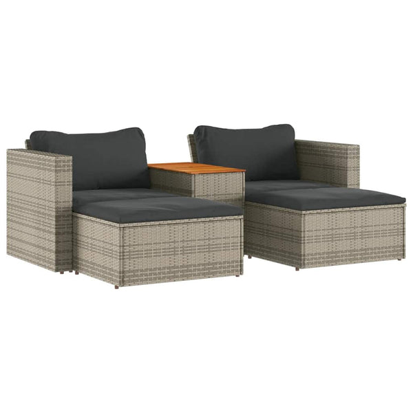 5 Piece Garden Sofa Set With Cushions Grey Poly Rattan Acacia Patio Furniture Sets