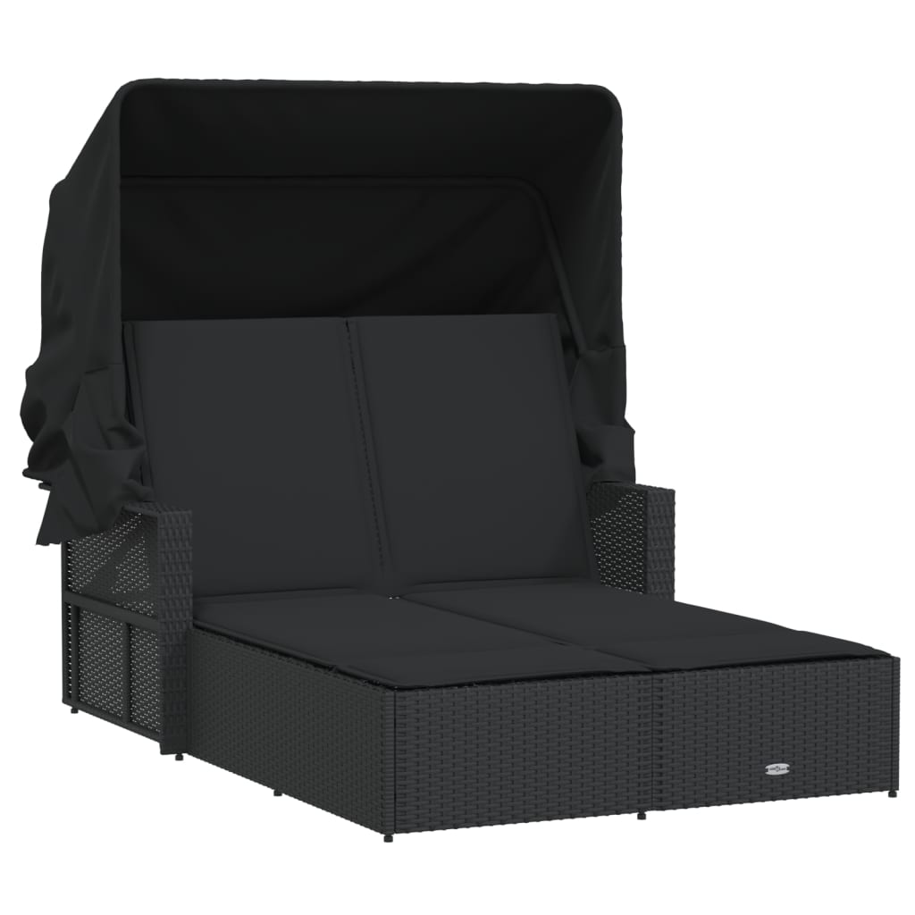 Double Sun Lounger With Canopy And Cushions Black Poly Rattan Loungers
