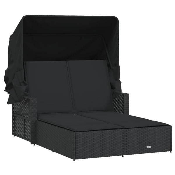 Double Sun Lounger With Canopy And Cushions Black Poly Rattan Loungers
