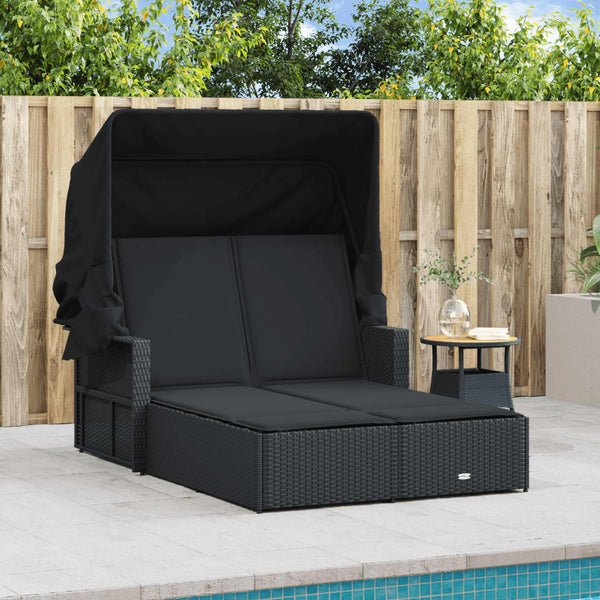 Double Sun Lounger With Canopy And Cushions Black Poly Rattan Loungers