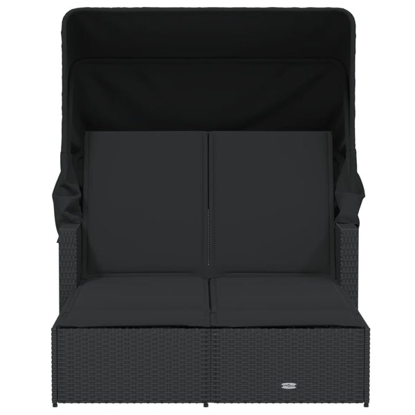 Double Sun Lounger With Canopy And Cushions Black Poly Rattan Loungers