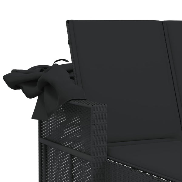 Double Sun Lounger With Canopy And Cushions Black Poly Rattan Loungers