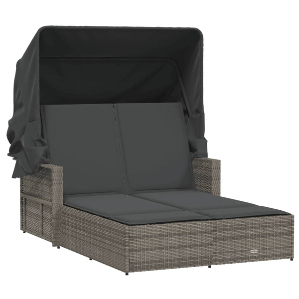 Vidaxl Double Sun Lounger With Canopy And Cushions Grey Poly Rattan Other Patio & Garden Furniture