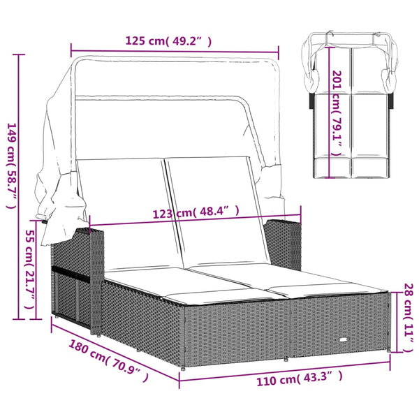 Vidaxl Double Sun Lounger With Canopy And Cushions Grey Poly Rattan Other Patio & Garden Furniture