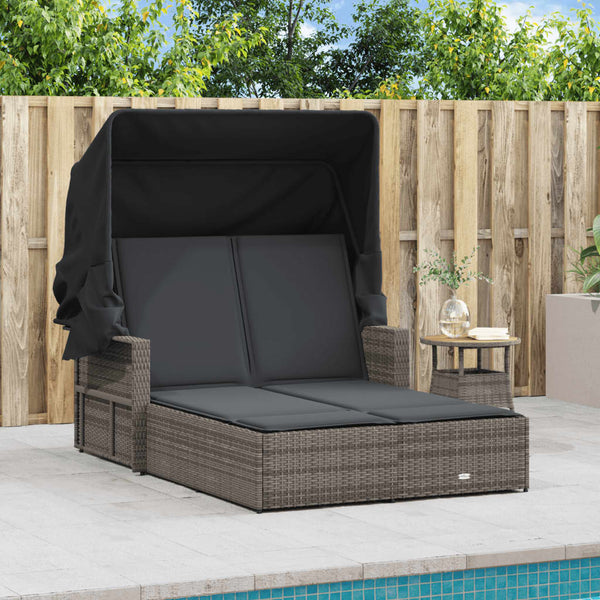 Vidaxl Double Sun Lounger With Canopy And Cushions Grey Poly Rattan Other Patio & Garden Furniture