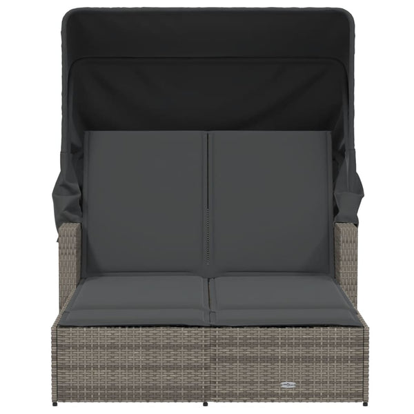 Vidaxl Double Sun Lounger With Canopy And Cushions Grey Poly Rattan Other Patio & Garden Furniture