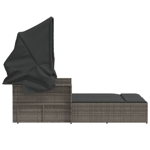 Vidaxl Double Sun Lounger With Canopy And Cushions Grey Poly Rattan Other Patio & Garden Furniture