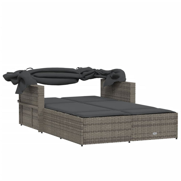 Vidaxl Double Sun Lounger With Canopy And Cushions Grey Poly Rattan Other Patio & Garden Furniture