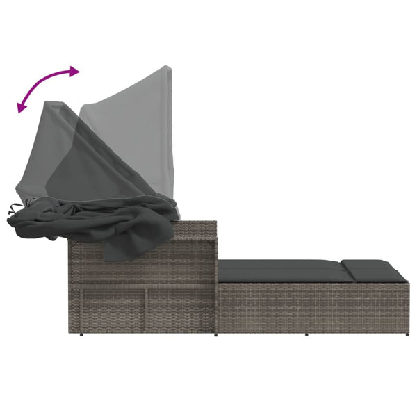 Vidaxl Double Sun Lounger With Canopy And Cushions Grey Poly Rattan Other Patio & Garden Furniture