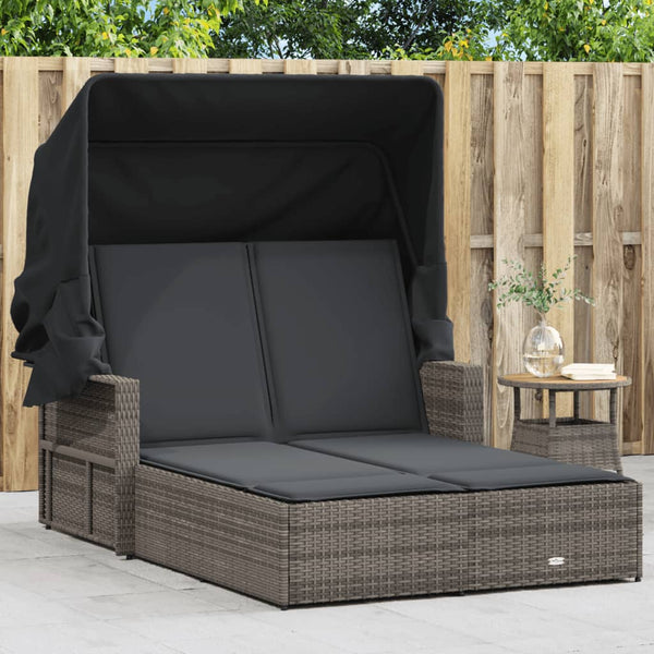 Vidaxl Double Sun Lounger With Canopy And Cushions Grey Poly Rattan Other Patio & Garden Furniture