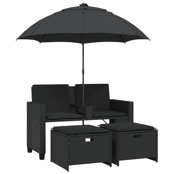 Vidaxl Garden Sofa 2 Seater With Parasol And Stools Black Poly Rattan Patio Chairs