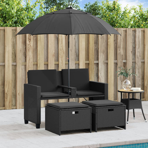 Vidaxl Garden Sofa 2 Seater With Parasol And Stools Black Poly Rattan Patio Chairs