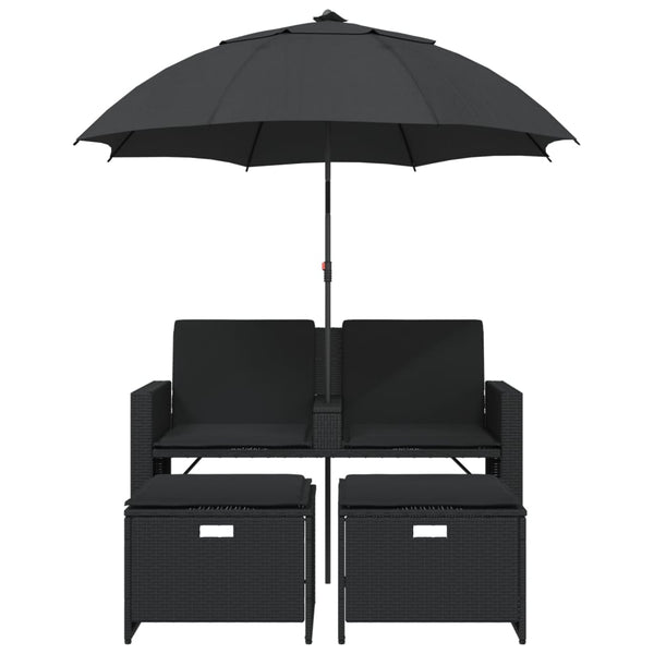 Vidaxl Garden Sofa 2 Seater With Parasol And Stools Black Poly Rattan Patio Chairs