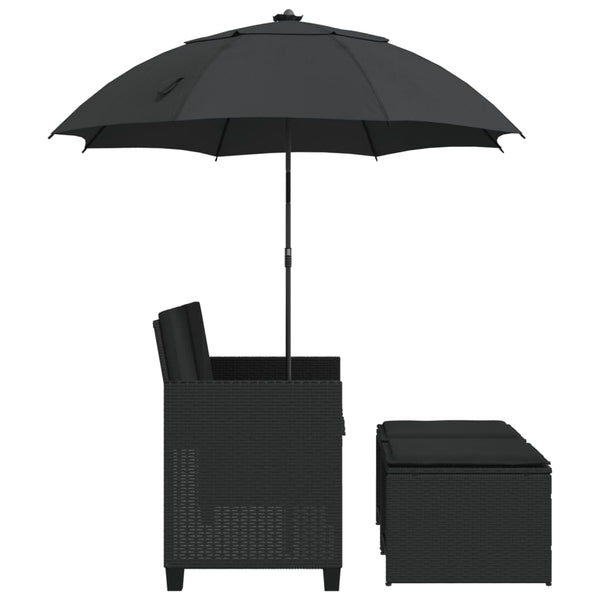 Vidaxl Garden Sofa 2 Seater With Parasol And Stools Black Poly Rattan Patio Chairs