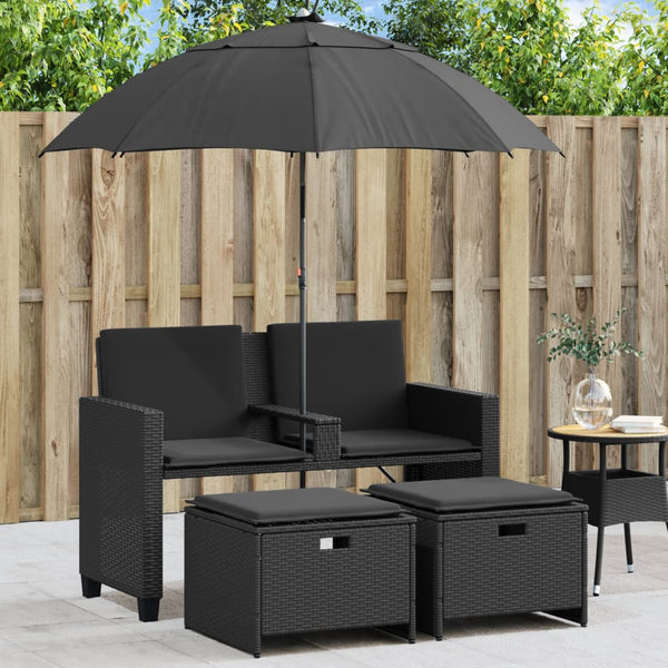 Vidaxl Garden Sofa 2 Seater With Parasol And Stools Black Poly Rattan Patio Chairs