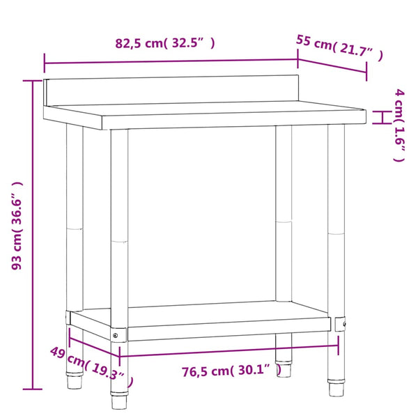 Vidaxl Kitchen Work Table With Backsplash 82.5X55x93 Cm Stainless Steel Kitchen Benchtops