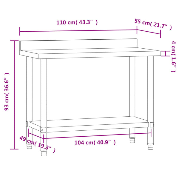 Vidaxl Kitchen Work Table With Backsplash 110X55x93 Cm Stainless Steel Tables
