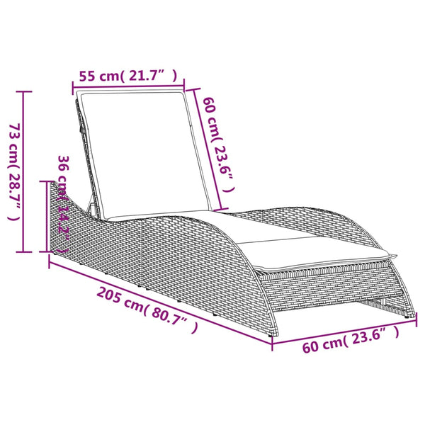 Vidaxl Sun Lounger With Cushion Grey 60X205x73cm Poly Rattan Loungers