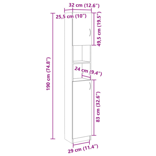 Vidaxl Bathroom Cabinet Sonoma Oak 32X25.5X190 Cm Engineered Wood Cabinets & Cupboards