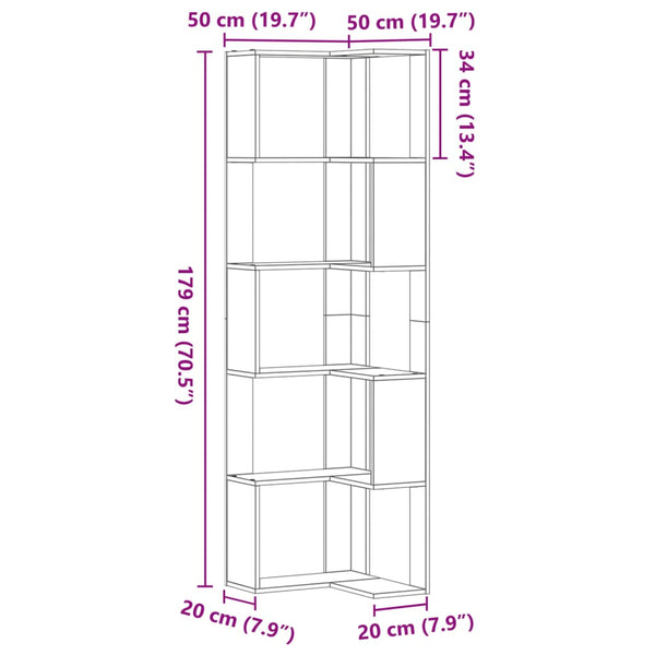 Vidaxl Corner Bookcase 5 Tier White 50X50x179 Cm Engineered Wood Bookshelves