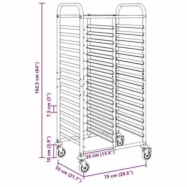 Vidaxl Tray Trolley With 32 Gn Containers 75X55x162.5 Cm Stainless Steel Kitchen Carts