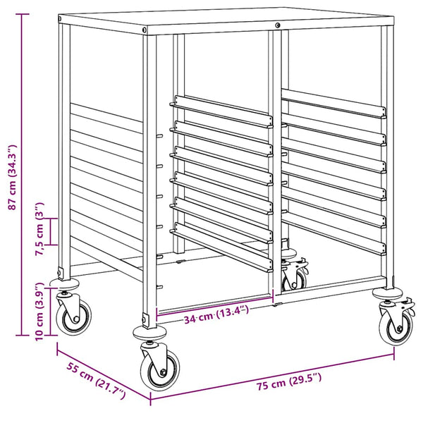 Vidaxl Tray Trolley With 12 Gn Containers 75X55x87cm Stainless Steel Kitchen Carts