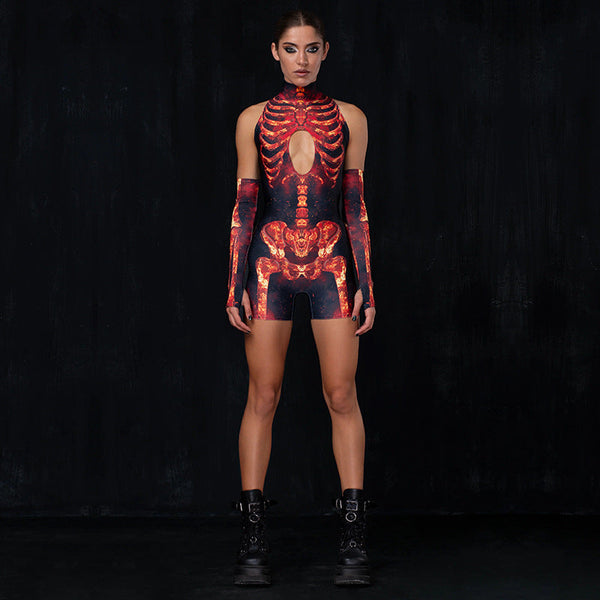 High Neck Sleeveless Skull Print Hollowed Out Sleeves Tight Elastic Jumpsuit Jumpsuits Rompers & Playsuits