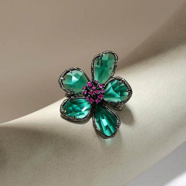 Veile Studios S925 Silver Framed Hot Pink Pistil Turquoise Blue Rhinestone Flower Earrings Ring Brooch Female Fashion Jewellery Jewellery Sets