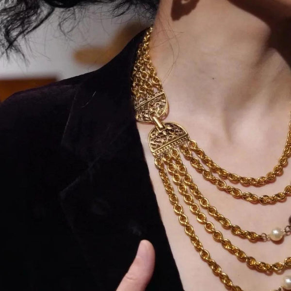 Veile Studios Retro Plain Gold Multi Layer Crystal Glass Pearl Niche Necklace Necklaces & Pendants