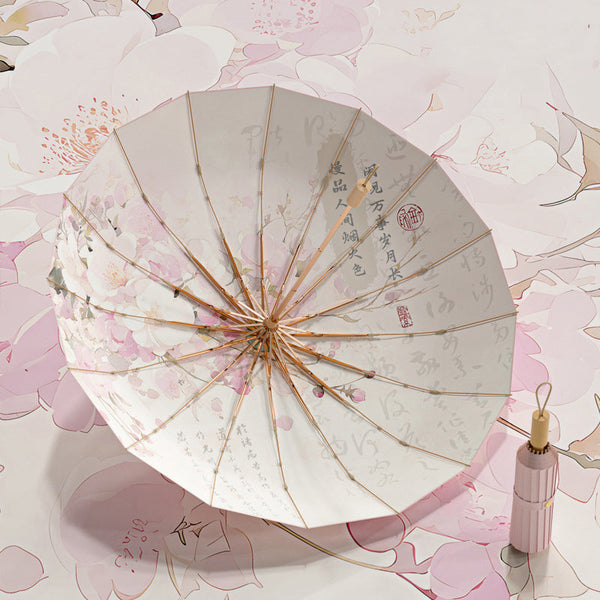 16 Rib Color Rubber & Gold Aluminum Alloy Frame: New Chinese Retro Folding Umbrella With Sun Protection And Uv Resistance. Umbrellas