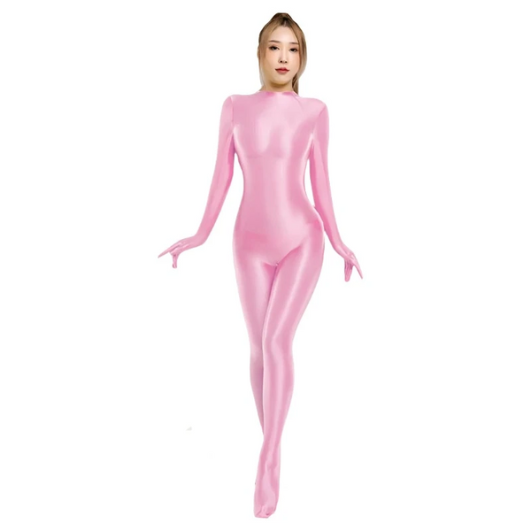 Shiny Glossy Satin  Women's Long Sleeve Finger Gloves Zipper Back Full Length One Piece Bodysuit Silky Tights Zentai Catsuit Gloves & Mittens