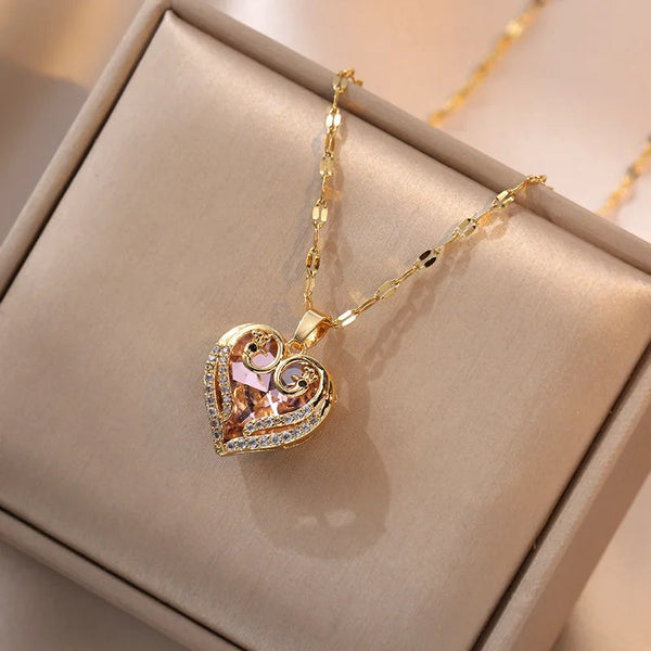 Colorful Zircon Love Heart Pendant Necklaces For Women Girls Stainless Steel Trendy Romantic Jewelry Accessories Gifts Necklaces & Pendants
