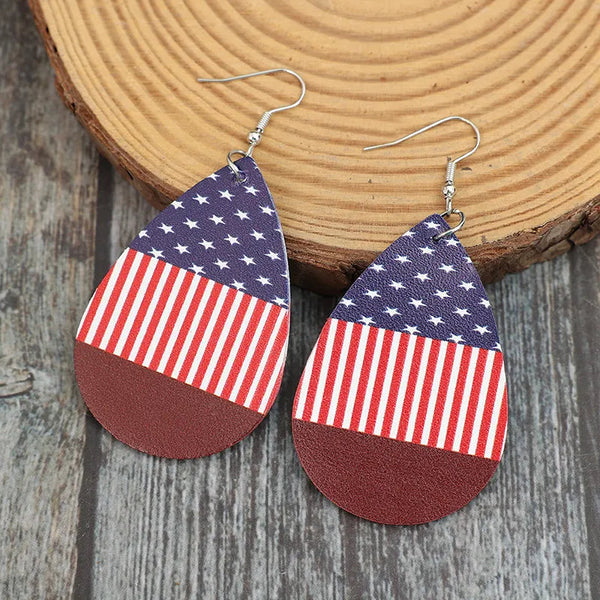 Stars And Stripes Pu Leather Teardrop Earrings