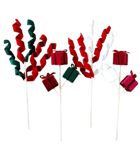 Christmas Decoration With Red And Green Faux Fur Curly Flowers Branches Ornament For Tree Gift Box Seasonal Decorations