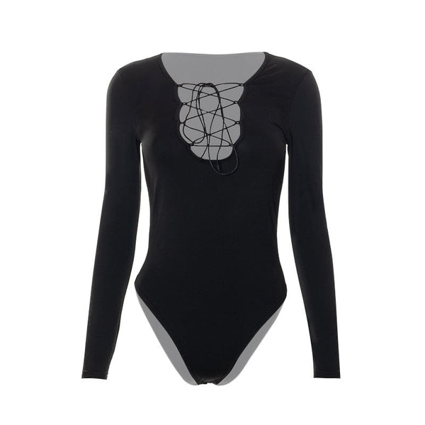 Solid Color Fitted Lace Up Hollow Out Women's Long Sleeve Fashion Belted Jumpsuit Thin Jumpsuits Rompers & Playsuits