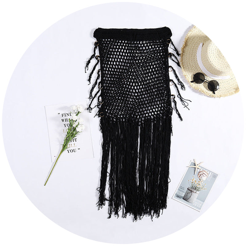 And American Fake Sunscreen Hand Hook Woven Hip Skirt With Hollowed Out Long Tassels Skirts