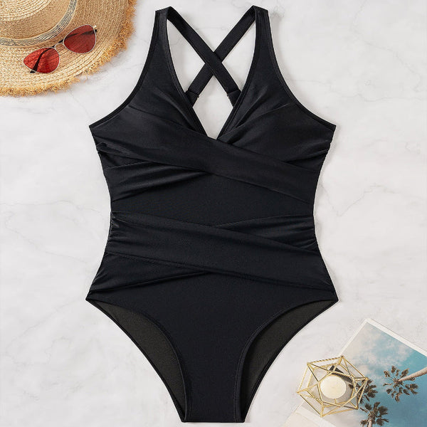 Solid Color Crossed Slimming  High Waist One Piece Bikini Swimsuit For Women Swimwear